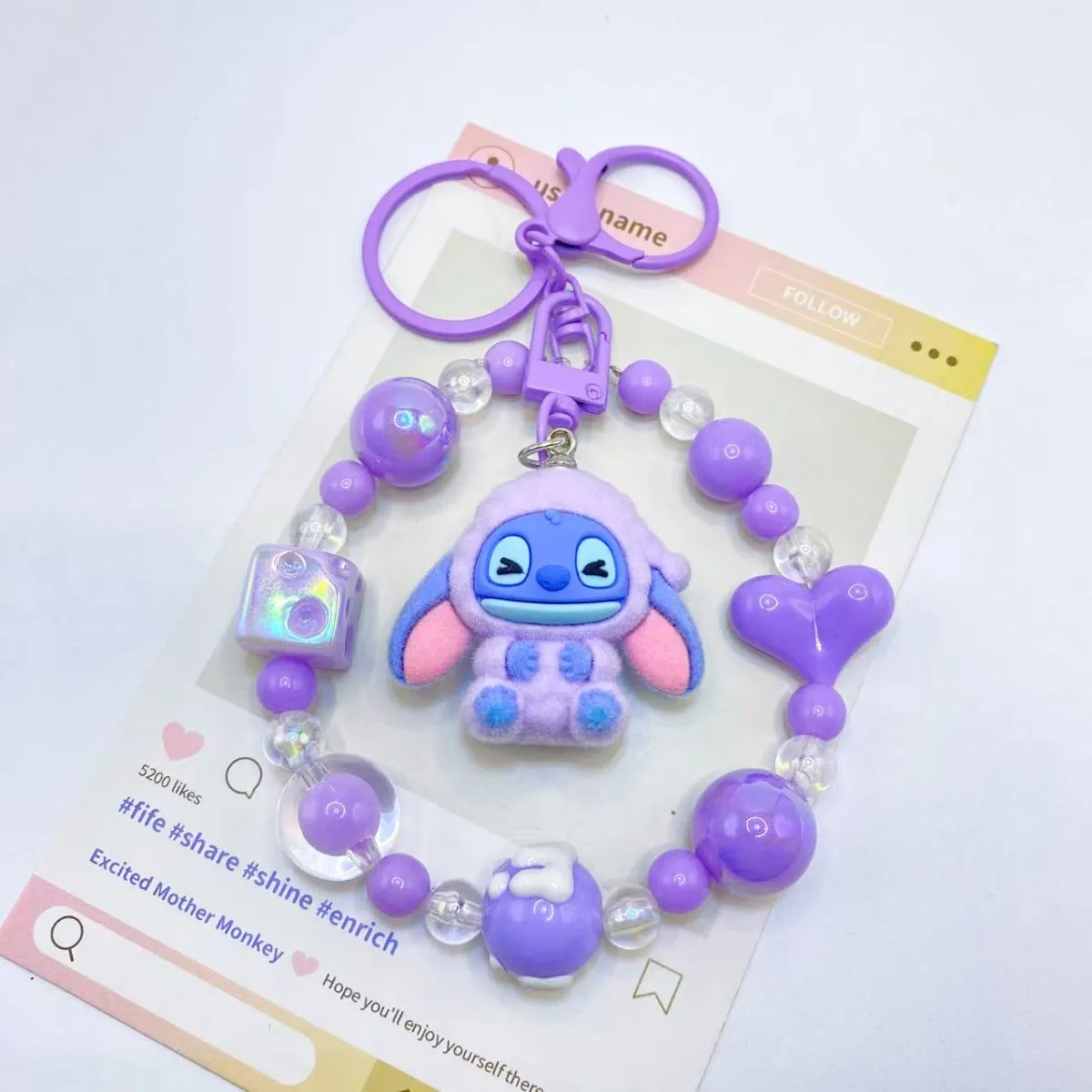 Flocked Stitch Beaded Chain Bag Charm – Cute Cartoon Keychain for Students, Kawaii Pendant with Beads & Plush Figure Accessory